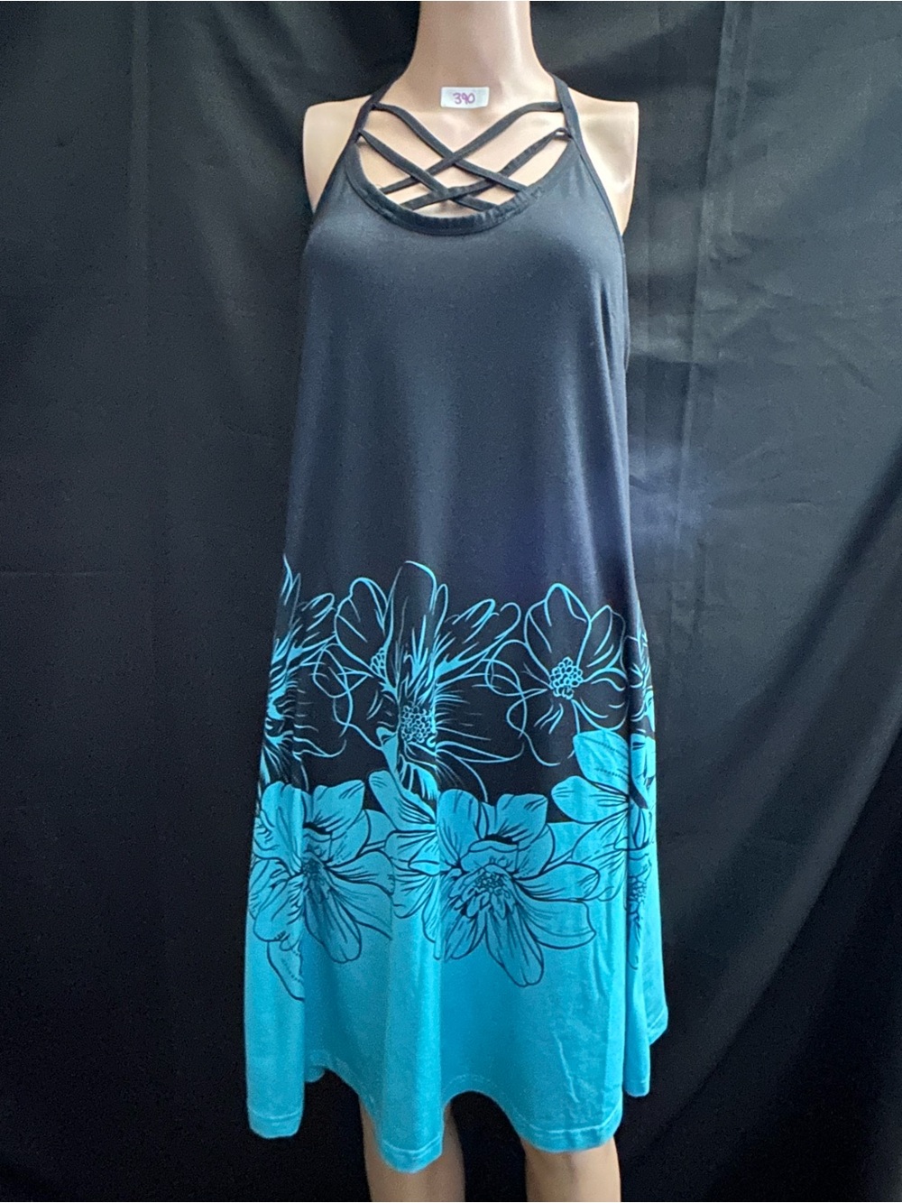 Sheilay Women’s Sleeveless Black to Turquoise Floral Strappy Sundress LG